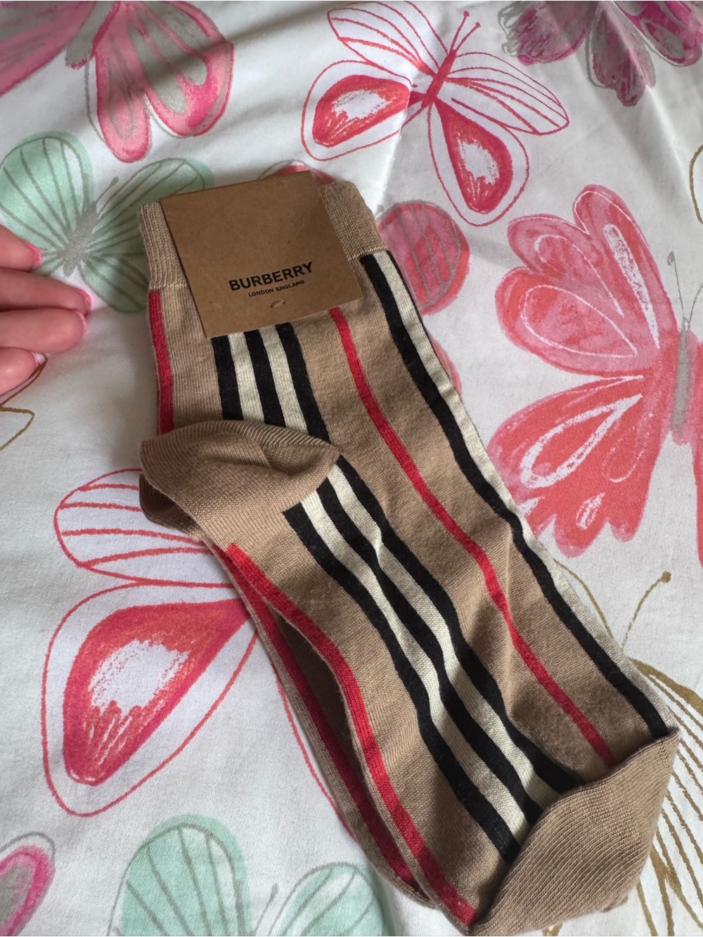 Burberry Beige Crew Socks with Black and Red Stripes